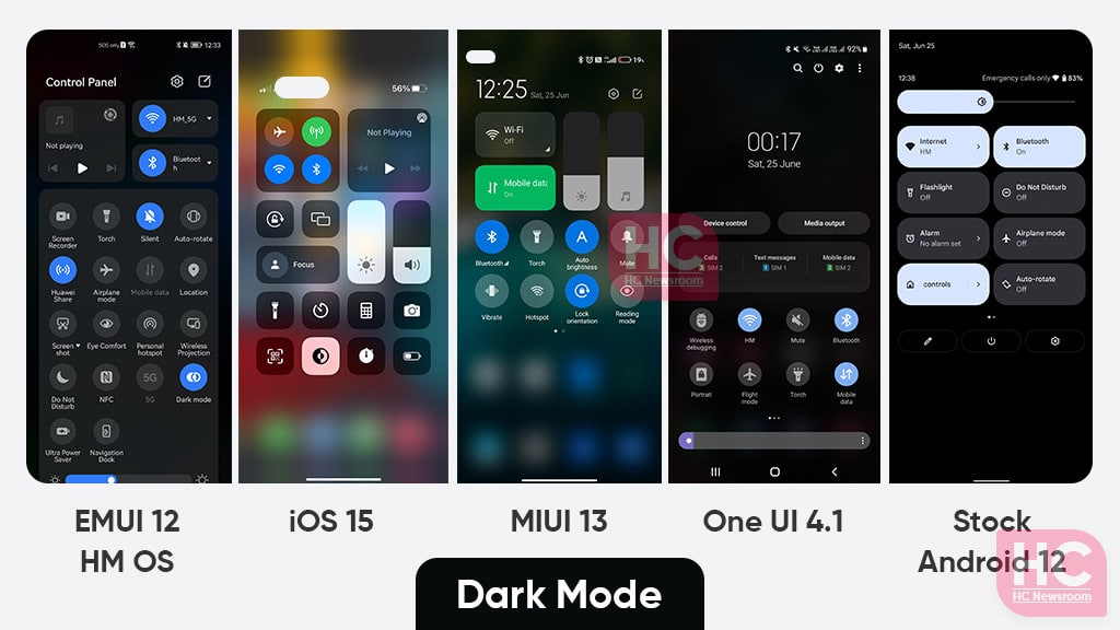 dark mode EMUI 12 Android 12 One UI 4.1 iOS 15 MIUI 13